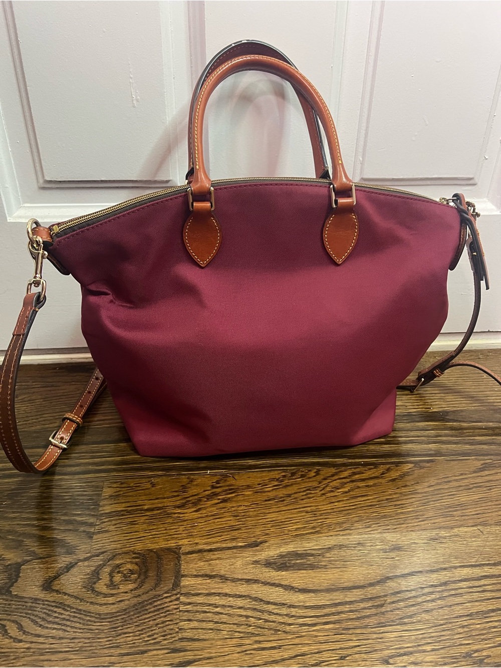 Dooney & Bourke Burgundy Nylon Shoulder Bag with Tan Leather Trim - Picture 3 of 13